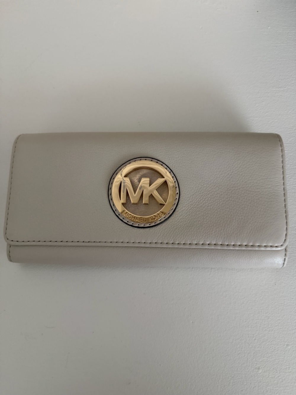 Michael Kors Cream Leather Continental Wallet with Gold MK Emblem